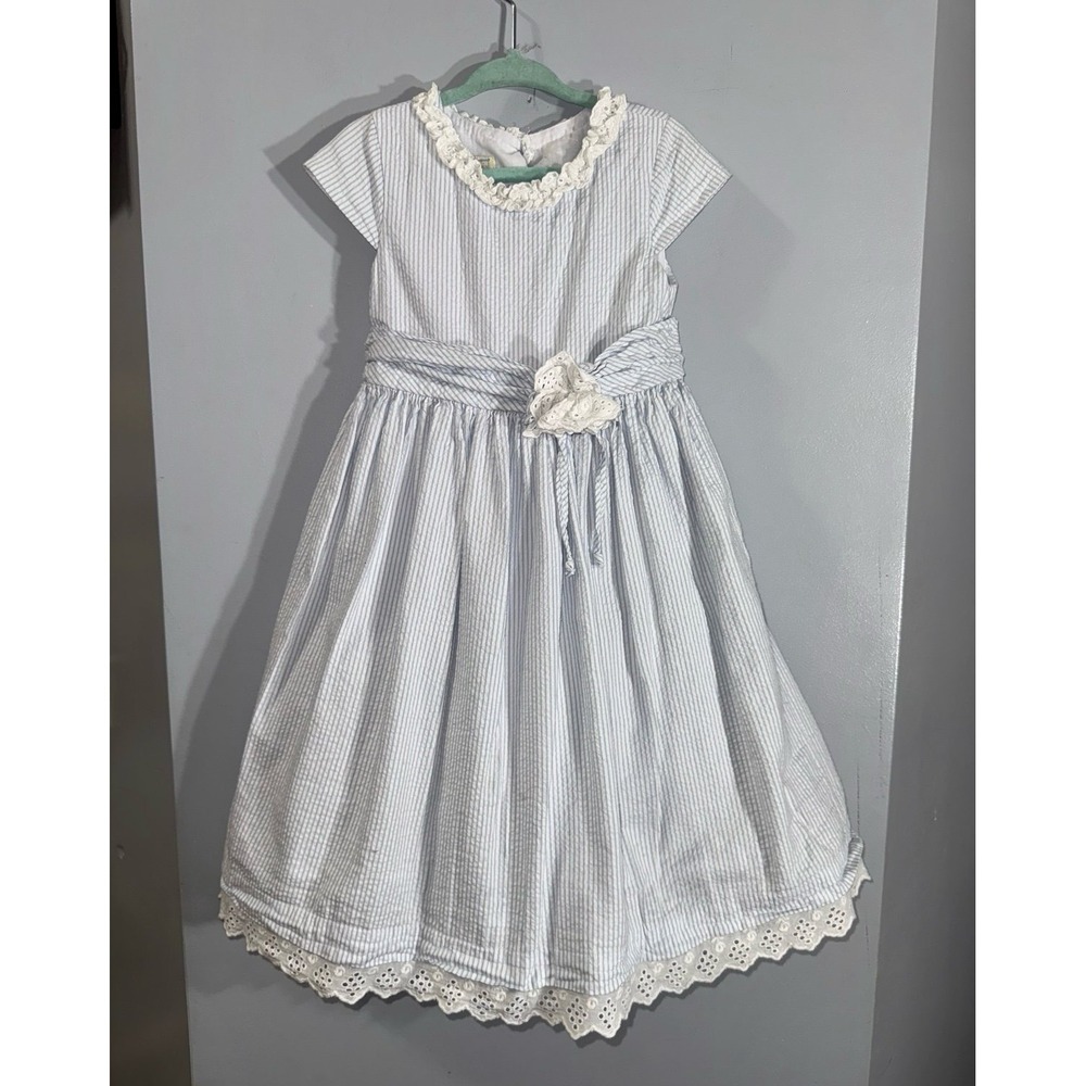 Marmellata little girls size 4 blue white seersucker striped dress white eyelet‎